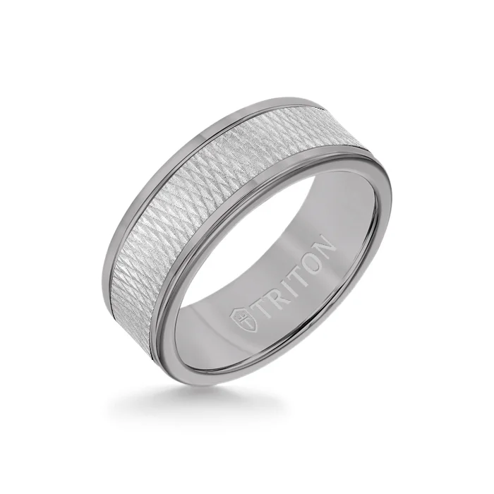 luxury diamond rings -8MM Grey Tungsten Carbide Ring - Criss Cross 14K White Gold Insert with Round Edge