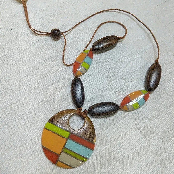 turquoise necklaces for women -NECKLACE LEATHER WITH COLOURFUL WOODEN BEADS