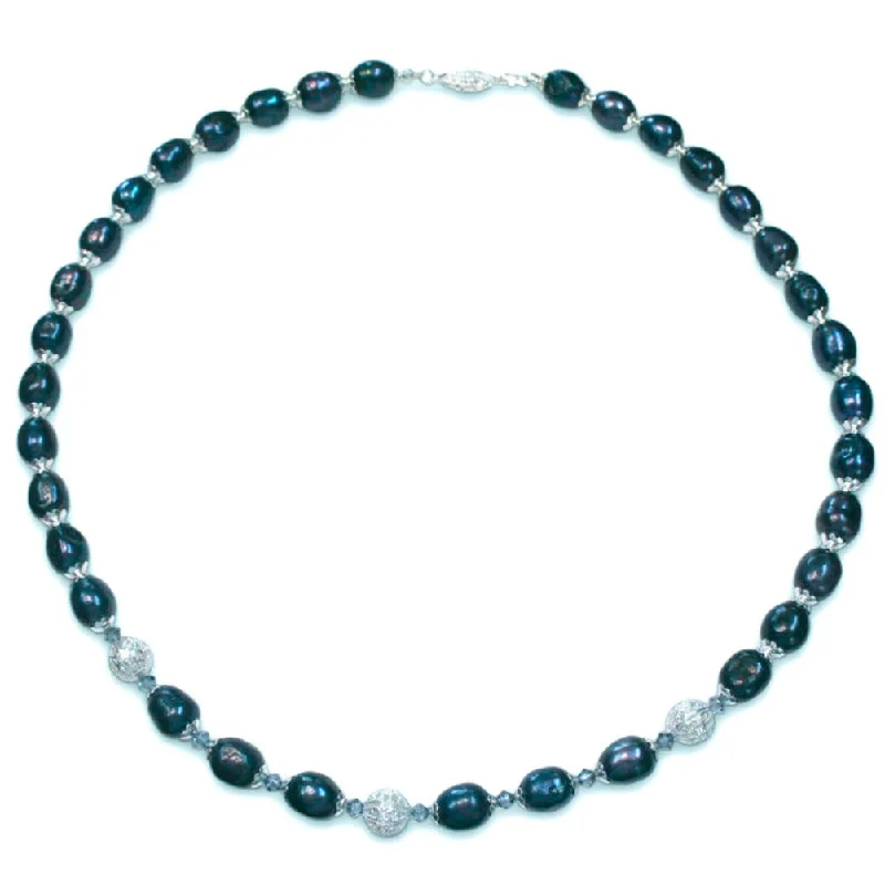 birthday gift necklaces for women -Dark Blue Dyed Cultured Freshwater Pearl Necklace Fine Silver Plate