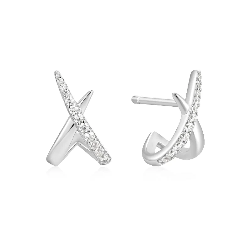 handmade silver earrings for women -Ania Haie Silver Kiss Polished Pave Studs