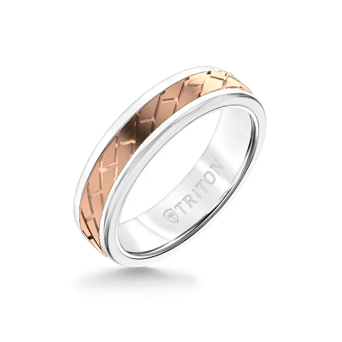 wedding bands for women -6MM White Tungsten Carbide Ring – Diagonal Brick 14K Rose Gold Insert with Round Edge