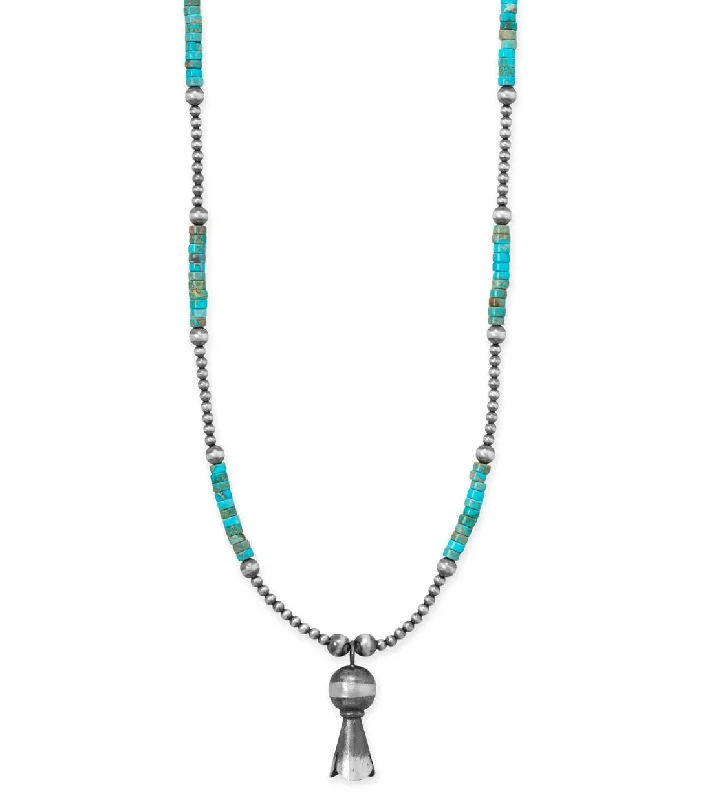 gemstone pendant necklaces for women -Turquoise Heshi Bead Necklace with Squash Blossom Pendant and Oxidized Beads - Handmade in the US