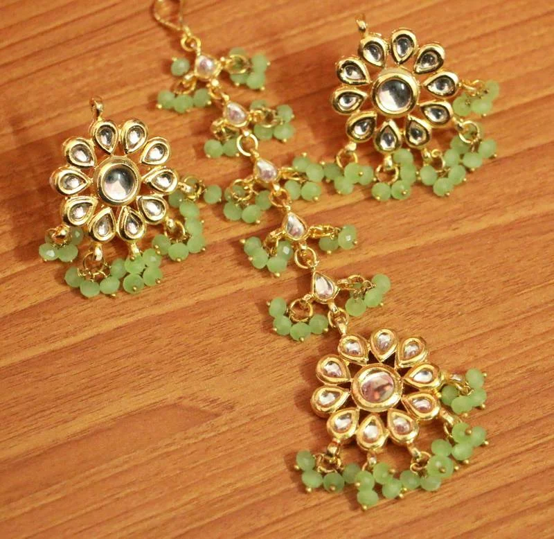 luxurious pearl drop earrings -Light Green Crystal Kundan Meenakari Tikka With Earrings