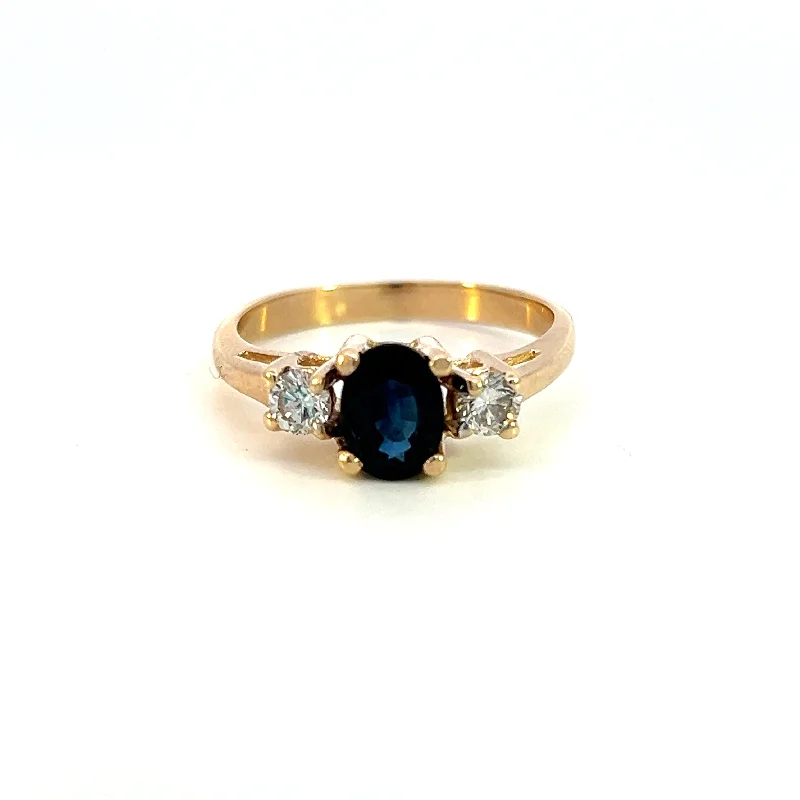 emerald wedding rings -Estate 14K Yellow Gold 1.22ctw Oval Blue Sapphire & Diamond Three Stone Ring