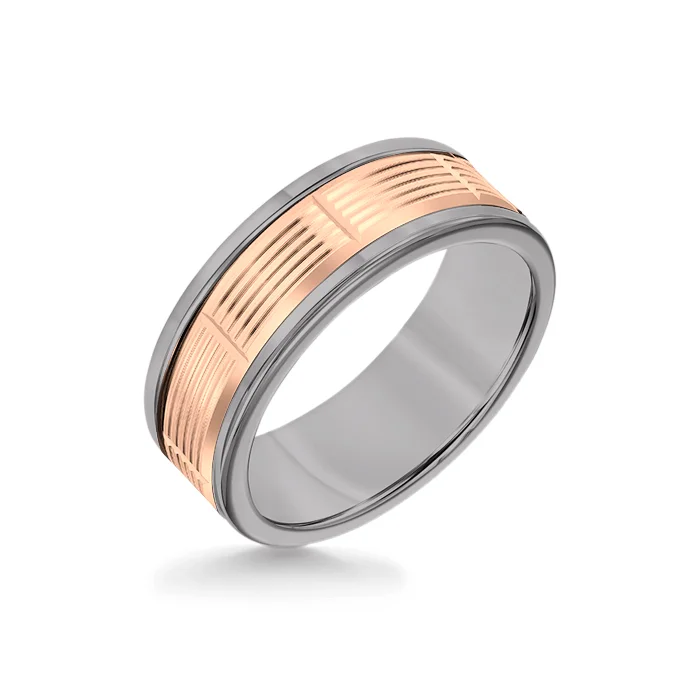 eternity rings for women -8MM Grey Tungsten Carbide Ring - Serrated Vertical Cut 14K Rose Gold Insert with Round Edge