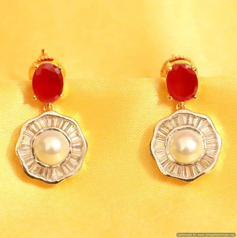 romantic earrings for women -Ruby Diamond Look Pearl Earrings