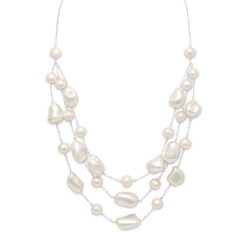 bohemian style necklaces for women -Cultured Freshwater Pearl Bib Necklace with Shell Sterling Silver, Adjustable