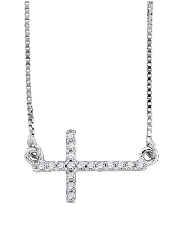 modern gemstone necklaces for women -Sterling Silver Womens Round Diamond Horizontal Sideways Cross Faith Necklace 1/10 Cttw