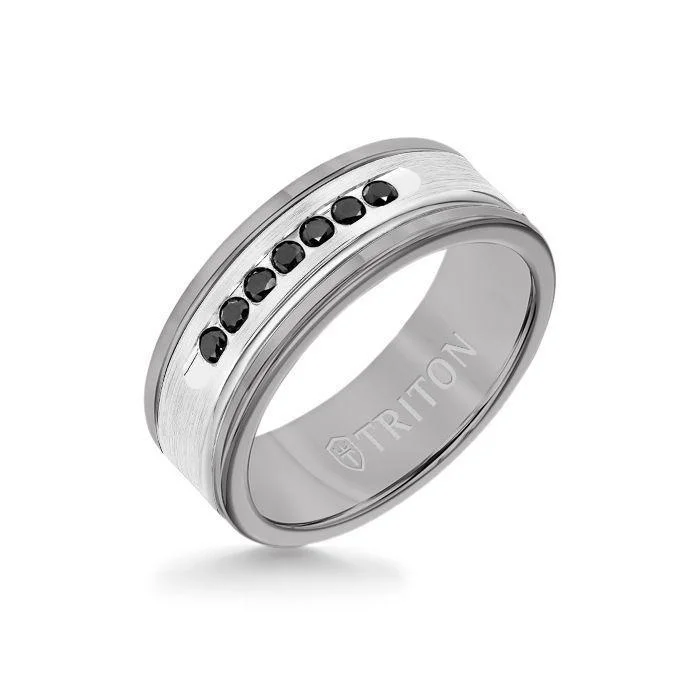 heart rings for women -8MM Grey Tungsten Carbide Ring - Black Diamonds 14K White Gold Insert with Round Edge