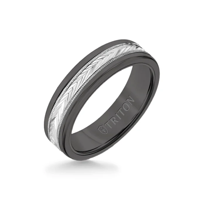 trendy rings for women -6MM Black Tungsten Carbide Ring - Herringbone 14K White Gold Insert with Round Edge