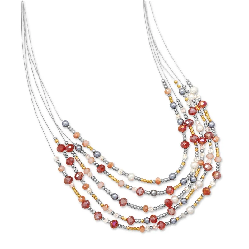 simple charm necklaces for women -Wildfire Fashion Red and Golden Crystal Bead with Imitation Pearl Multistrand Necklace