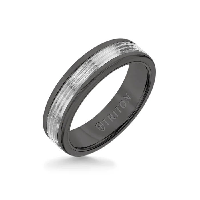 classic silver rings -6MM Black Tungsten Carbide Ring - Serrated Engraved 14K White Gold Insert with Round Edge