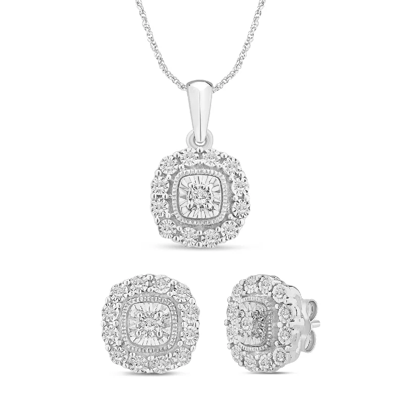 diamond stud earrings for women -Stud Earrings and Cushion Shaped Pendant Necklace with 0.15ct of Diamonds in Sterling Silver