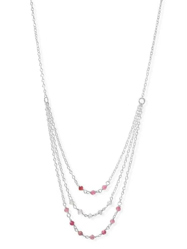 minimalist necklaces for women -Pink Tourmaline and Rainbow Moonstone 3-Row Bead Bib Necklace Sterling Silver