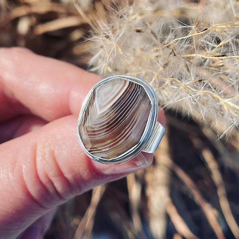 bridal set rings for women -Geometric Cut Botswana Agate and Sterling Silver Ring