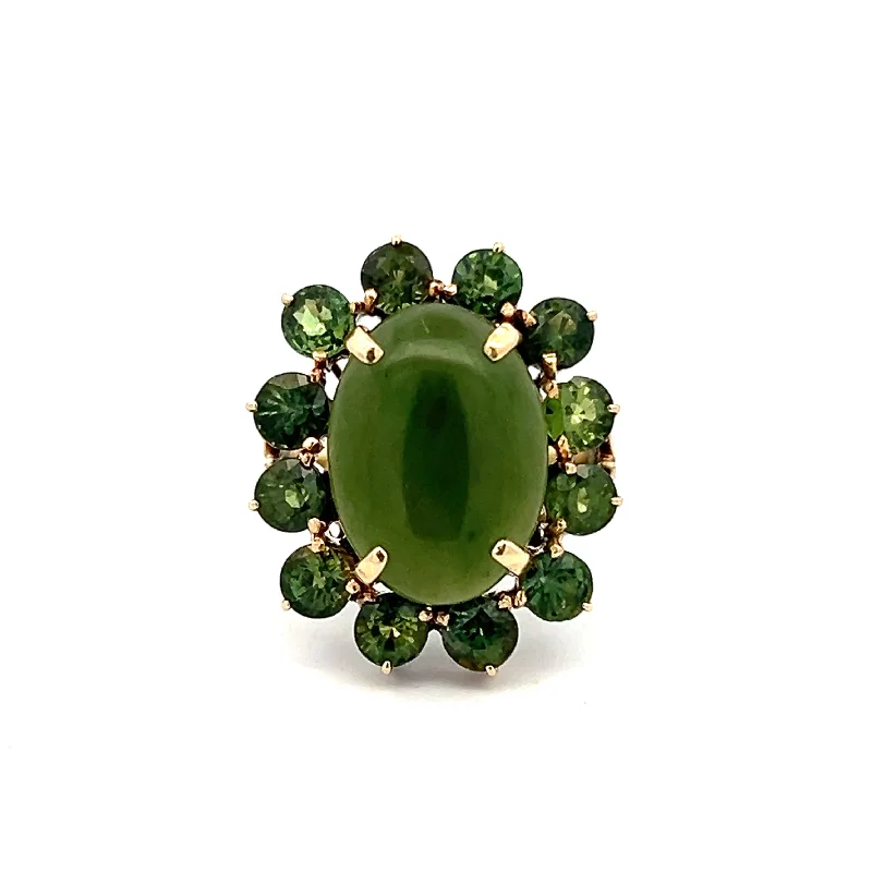 gold rings for women -Estate 14K Yellow Gold 9.69ctw Oval Nephrite Jade & Green Sapphire Halo Ring