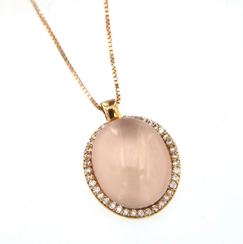 crystal necklaces for women -Cabouchon 18K Rose Gold Necklace w. Diamonds & Pink Quartz