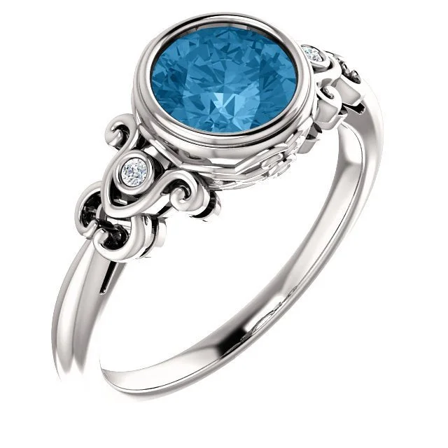 classic rings for women -14KT WHITE GOLD 1.30 CT BLUE TOPAZ & 1/10 CTW DIAMOND BEZEL-SET RING