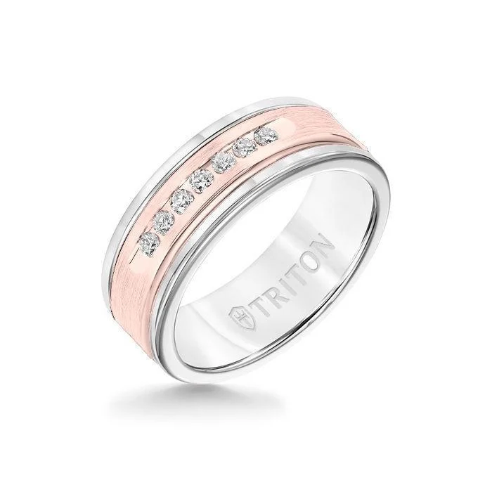 gold stacking rings -8MM White Tungsten Carbide Ring - White Diamonds 14K Rose Gold Insert with Round Edge