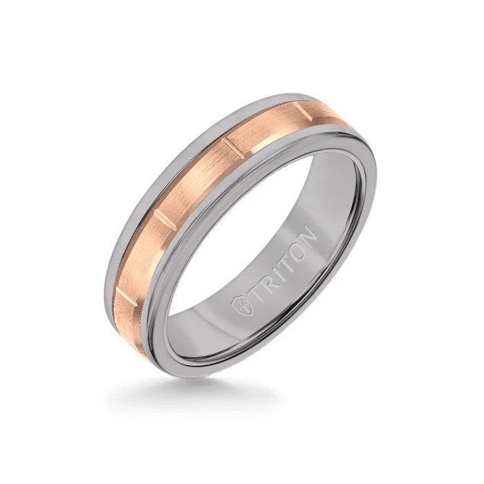 solitaire rings for women -6MM Grey Tungsten Carbide Ring - Vertical Cut 14K Rose Gold insert with Round Edge