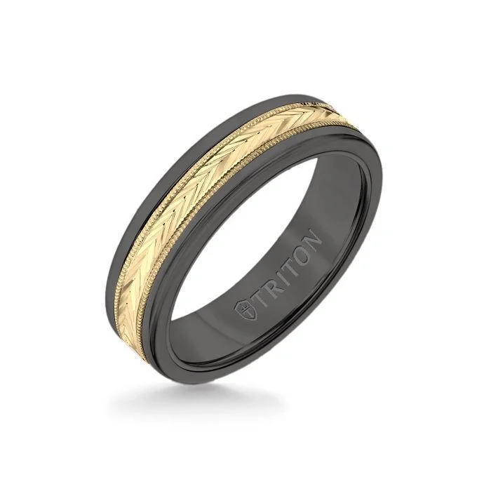 yellow gold rings for women -6MM Black Tungsten Carbide Ring - Herringbone 14K Yellow Gold Insert with Round Edge