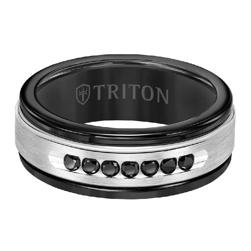 cubic zirconia rings for women -8MM Black Tungsten Carbide Ring - Black Diamonds 14K White Gold Insert with Round Edge