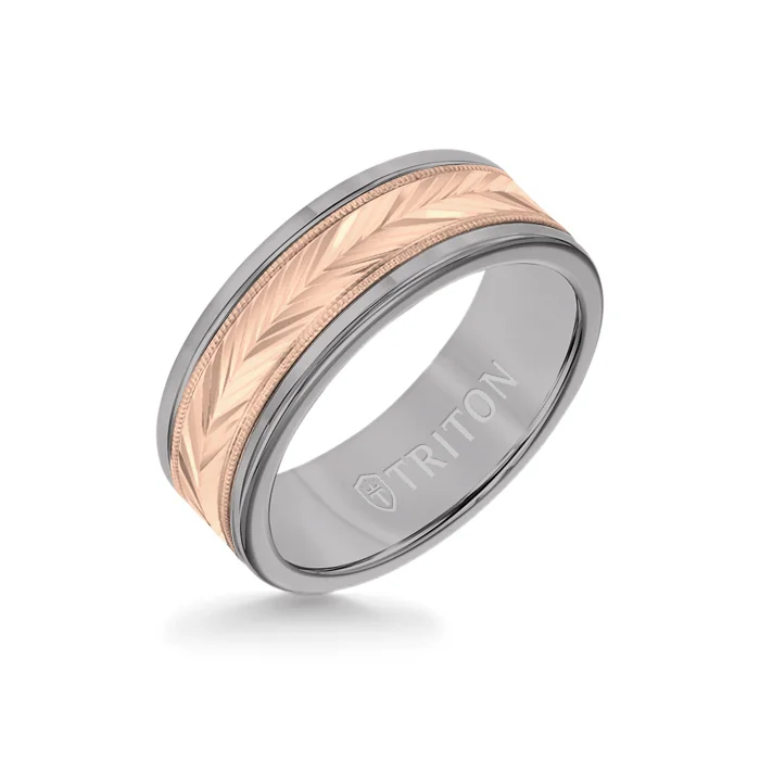 white gold rings for women -8MM Grey Tungsten Carbide Ring - Herringbone 14K Rose Gold Insert with Round Edge