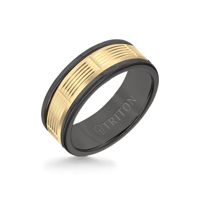 classic rings for women -8MM Black Tungsten Carbide Ring - Serrated Vertical Cut 14K Yellow Gold Insert with Round Edge