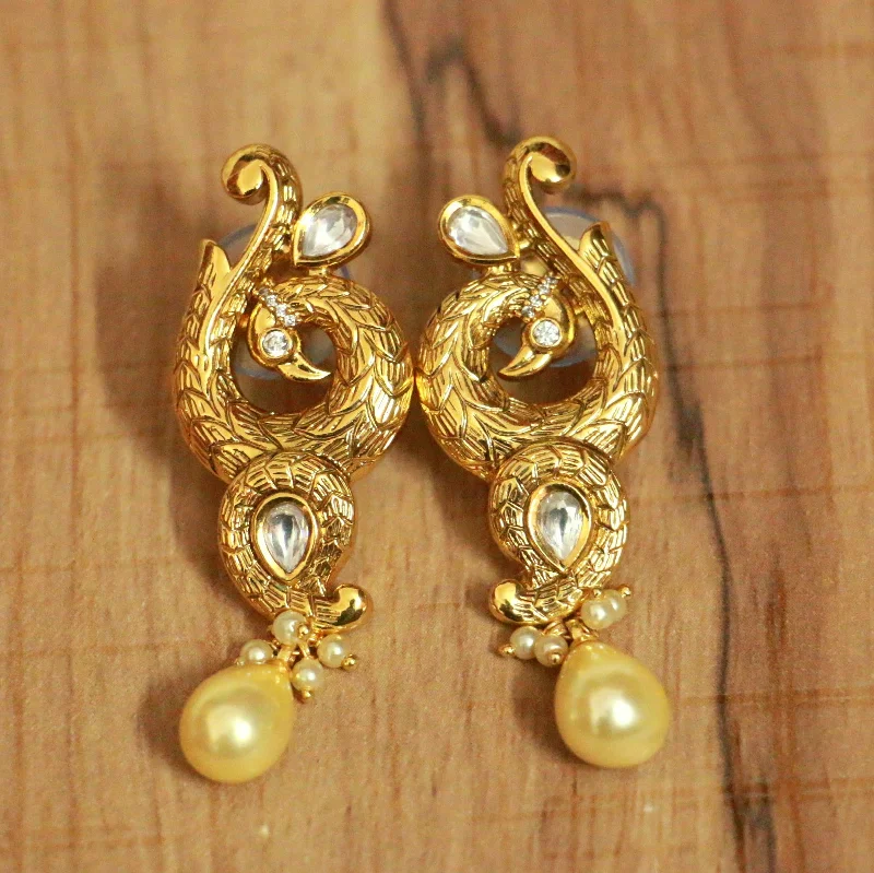 trendy statement earrings for women -Gold Look Peacock Kundan and Pearl Earrings