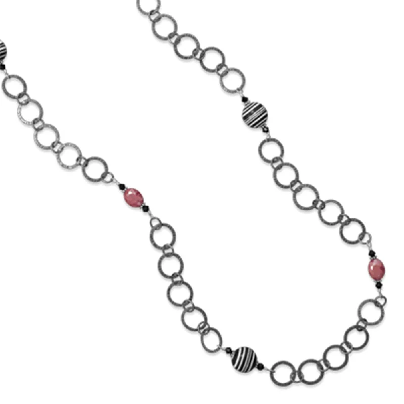 infinity pendant necklaces for women -Black and White Red Bead Necklace Sterling Silver Gunmetal Finish Hammered Long Endless Style