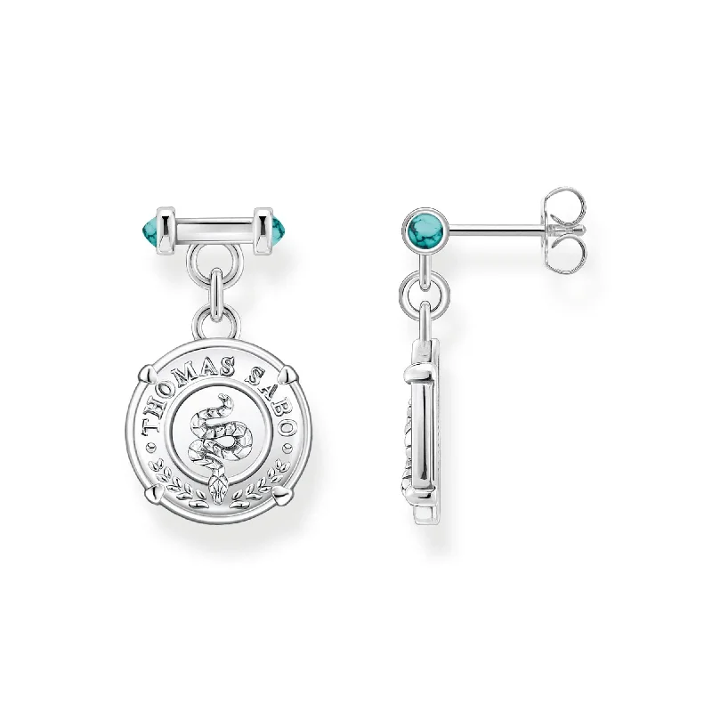 statement drop earrings for women -THOMAS SABO Silver And Turquoise Snake Coin Earrings