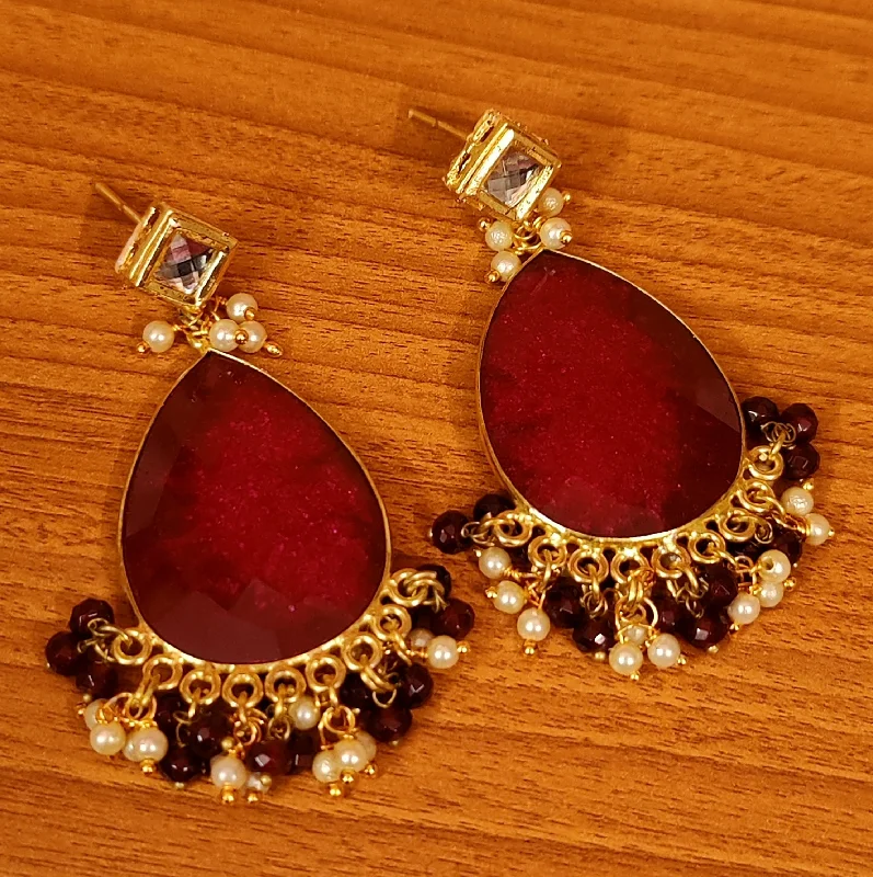 trendy earrings for women -SEMI PRECIOUS RED QUARTZ KUNDAN EARRINGS