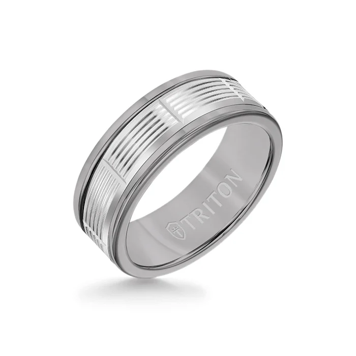 fashion rings for women -8MM Grey Tungsten Carbide Ring - Serrated Vertical Cut 14K White Gold Insert with Round Edge