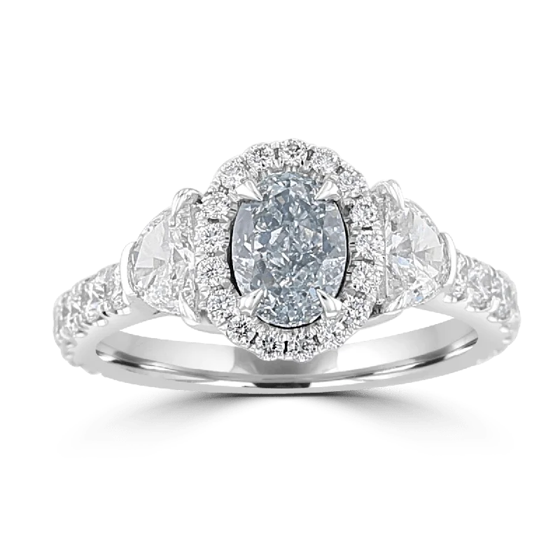 statement wedding rings -JULEVE PLATINUM 2.12 CTW FANCY BLUE-GREEN DIAMOND 3 STONE HALO RING