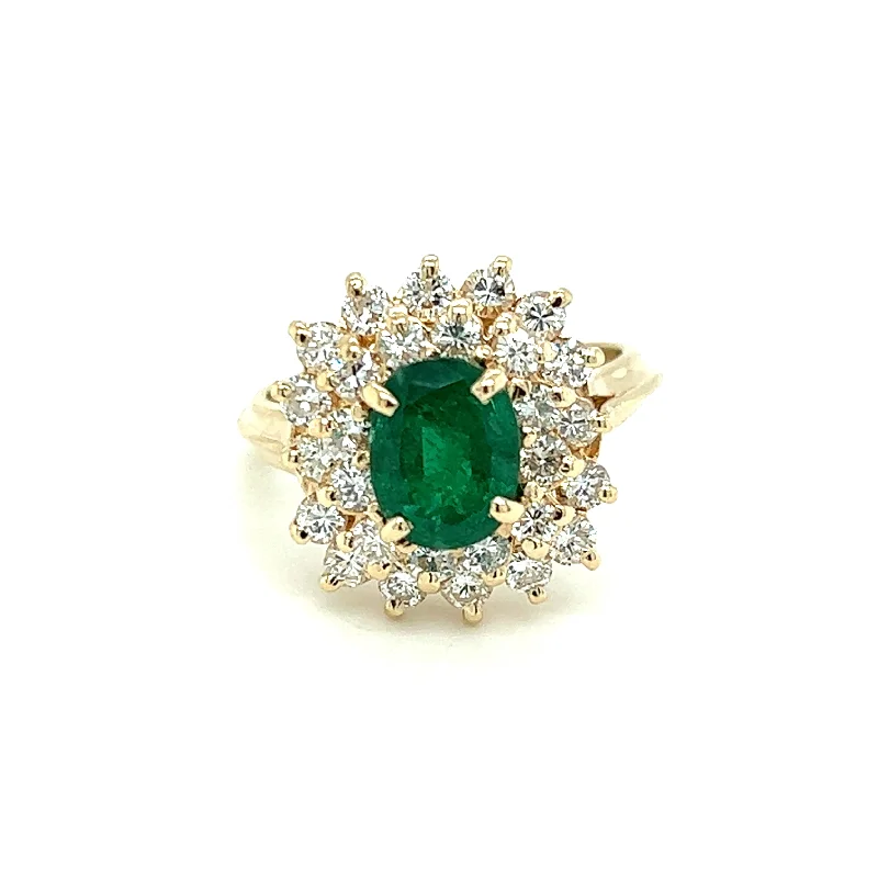 diamond rings for women -Estate 14K Yellow Gold 3.43ctw Oval Emerald & Diamond Double Halo Ring