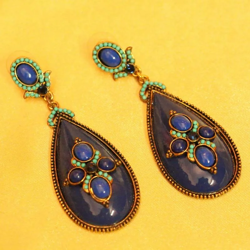 vintage earrings for women -Blue Stone Antique Finish Fashion Earrings