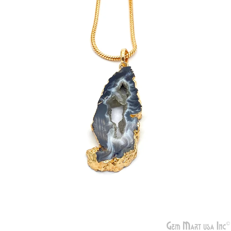 double chain necklaces for women -DIY Geode Druzy Gemstone 45x19mm Gold Edged Necklace Pendant