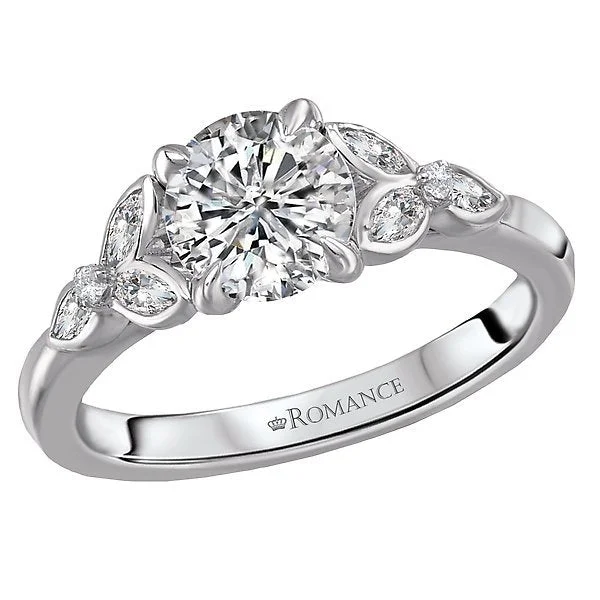 trendy engagement rings -14KT WHITE GOLD 1.25 CTW ROUND & MARQUISE DIAMOND BEZEL LEAF RING