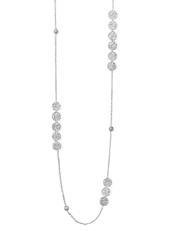 fashion necklaces for women -Long 36-inch Length Textured Disk and Bead Necklace Rhodium on Sterling Silver