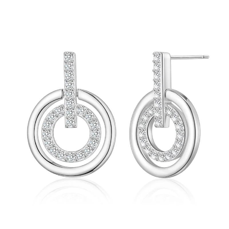 trendy statement earrings for women -Silver Plated Double Circle Drop Earrings Created with Zircondia® Crystals