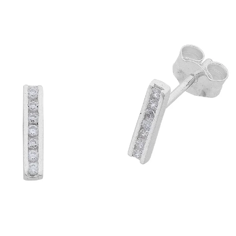 chunky earrings for women -Sterling Silver Cubic Zirconia Bar Stud Earrings