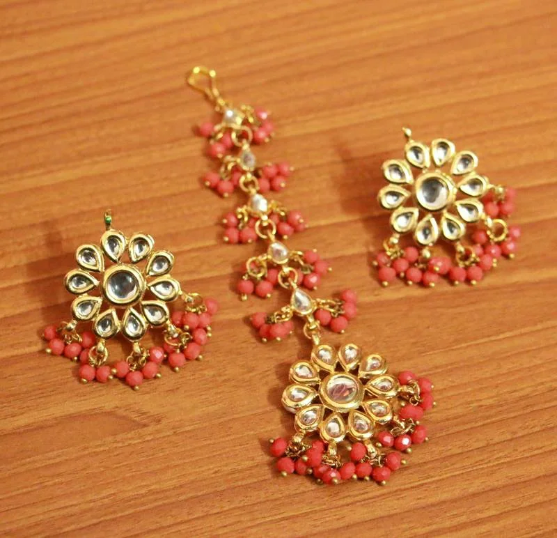 chic silver earrings for women -Orange Crystal Kundan Meenakari Earrings With Maang Tikka