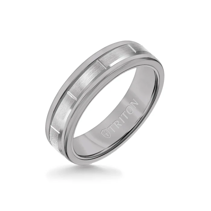 cocktail rings for women -6MM Grey Tungsten Carbide Ring - Vertical Cut 14K White Gold insert with Round Edge