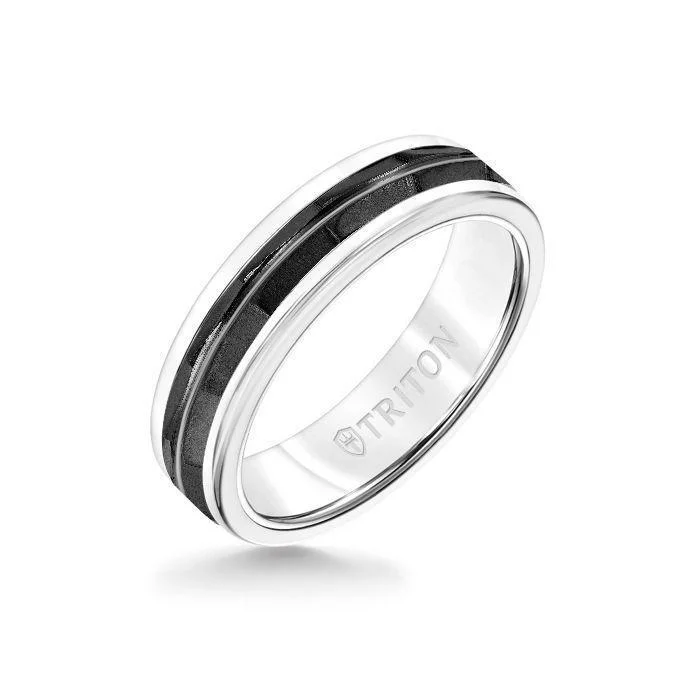 floral rings for women -6MM White Tungsten Carbide Ring - Chevron Black Titanium Insert with Round Edge