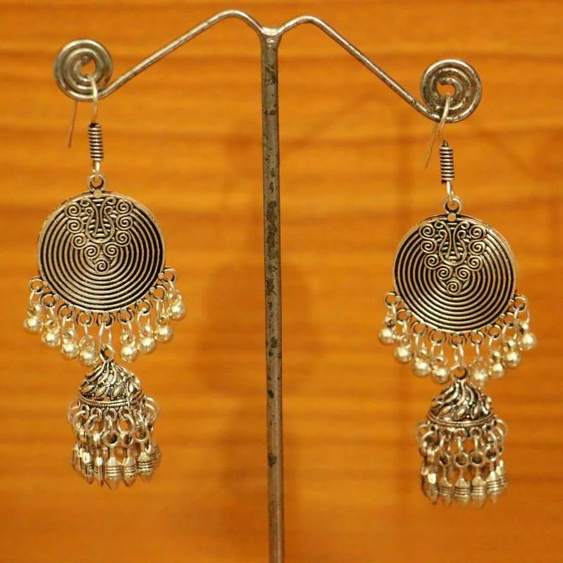 bold gold earrings for women -Oxidised Silver Round Shaped Earrings