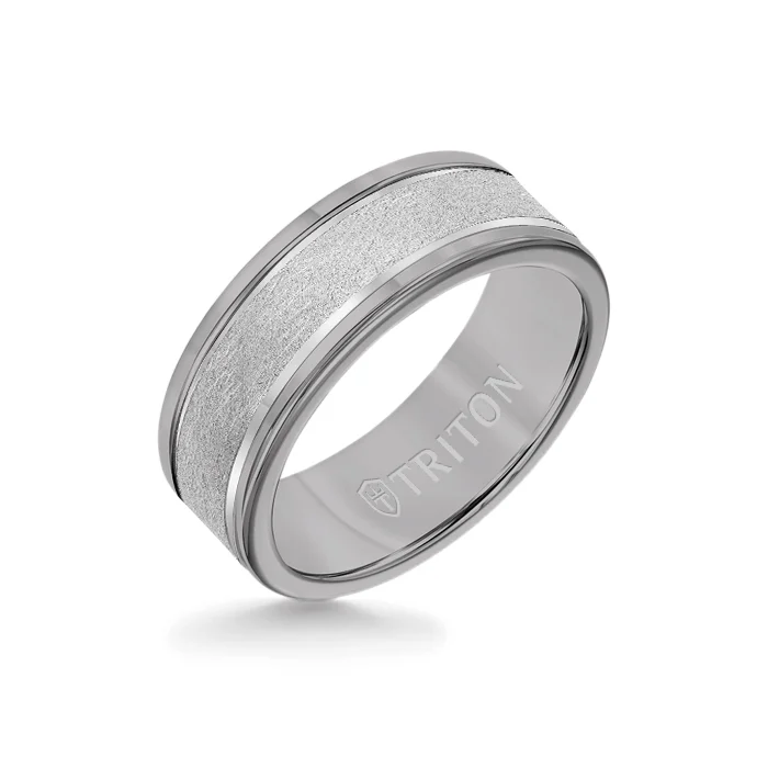 infinity rings for women -8MM Grey Tungsten Carbide Ring - Crystalline 14K White Gold Insert with Round Edge