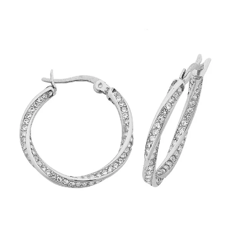 birthday gift earrings for women -Stainless Steel White Crystal Twist Hoop Earrings