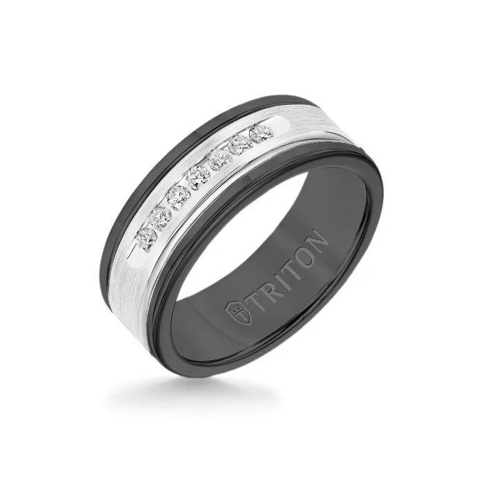 diamond wedding rings -8MM Black Tungsten Carbide Ring - White Diamonds 14K White Gold Insert with Round Edge