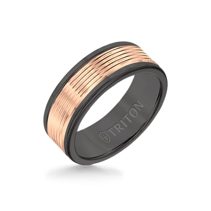 promise rings for couples -8MM Black Tungsten Carbide Ring - Serrated Engraved 14K Rose Insert with Round Edge