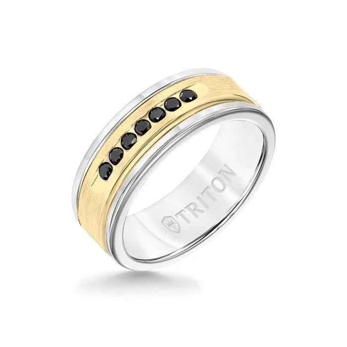 adjustable rings for women -8MM White Tungsten Carbide Ring - Black Diamonds 14K Yellow Gold Insert with Round Edge